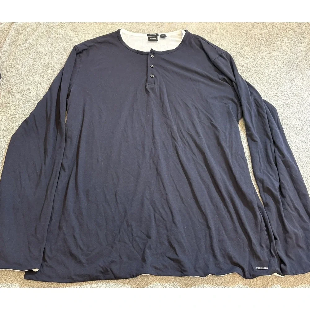 Hugo Boss Mens XXL Navy Blue Long Sleeve Henley Shirt Regular Fit Contrast Layer
